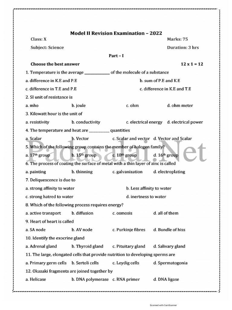 10th Science EM - 2nd Revision Test 2022 Model Question Paper - English ...