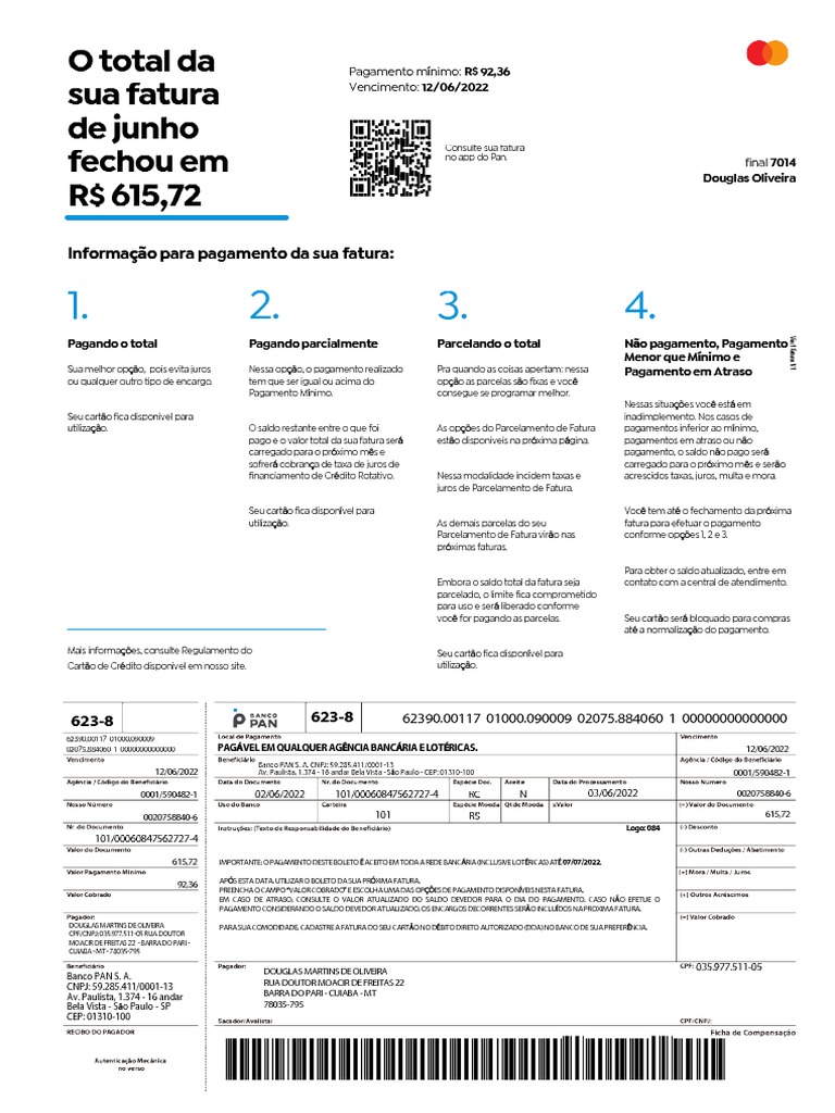 Informações sobre opções de pagamento da fatura e parcelamento de saldo devedor PDF Crédito
