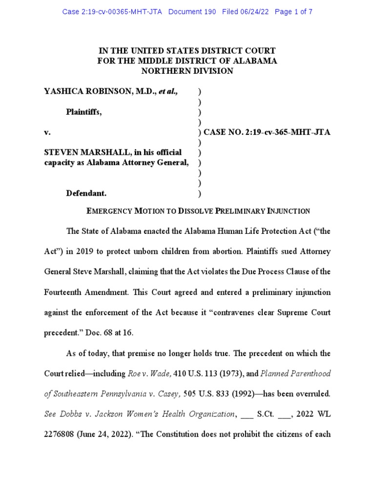 Robinson V Marshall Motion To Dissolve Alabama PDF Roe V. Wade Fourteenth Amendment To