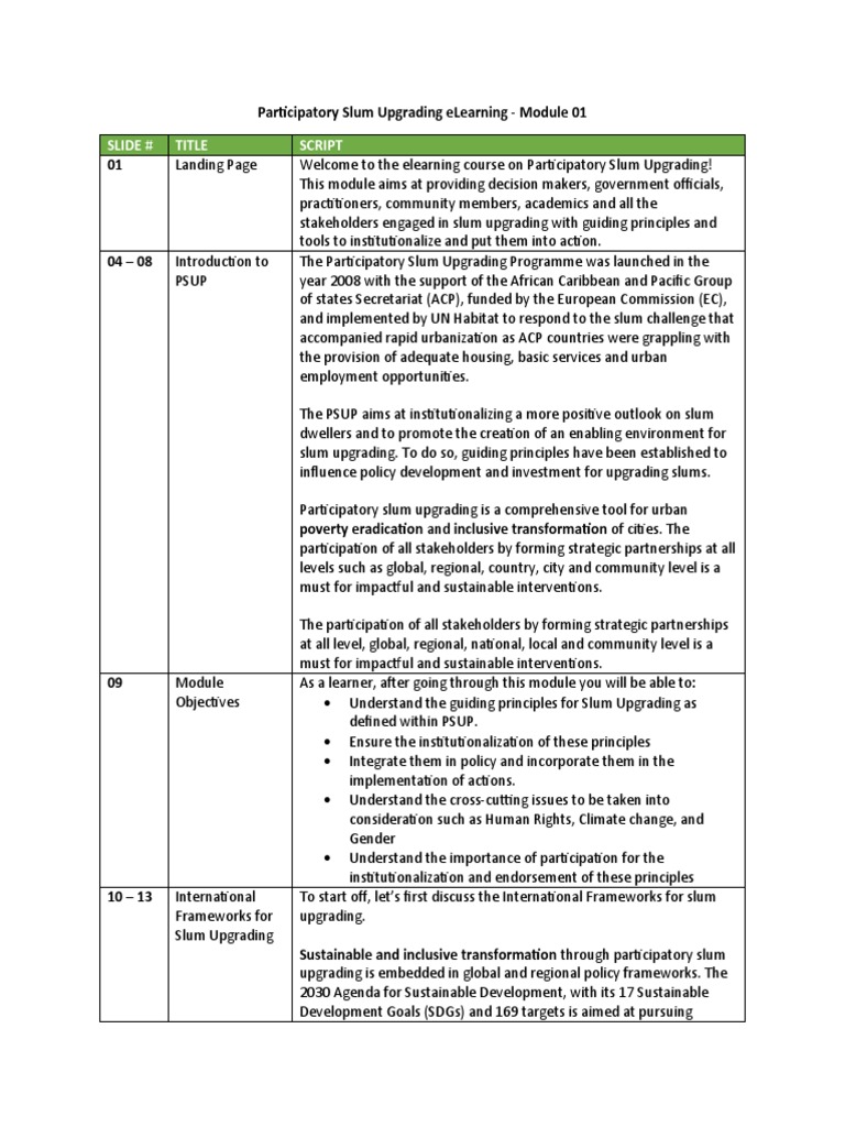 PSUP Elearning - Module 1 Script (EN) - 1-22-19 | PDF | Slum ...