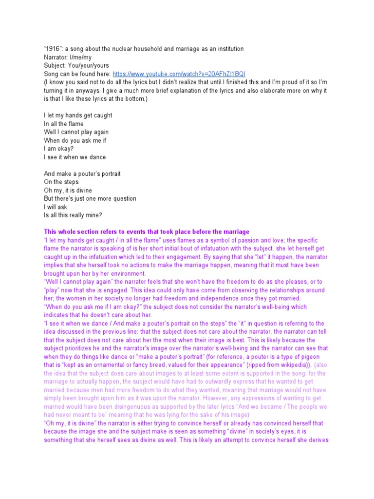 1916 by Cake Bake Betty Lyric Analysis PDF Narration Storytelling