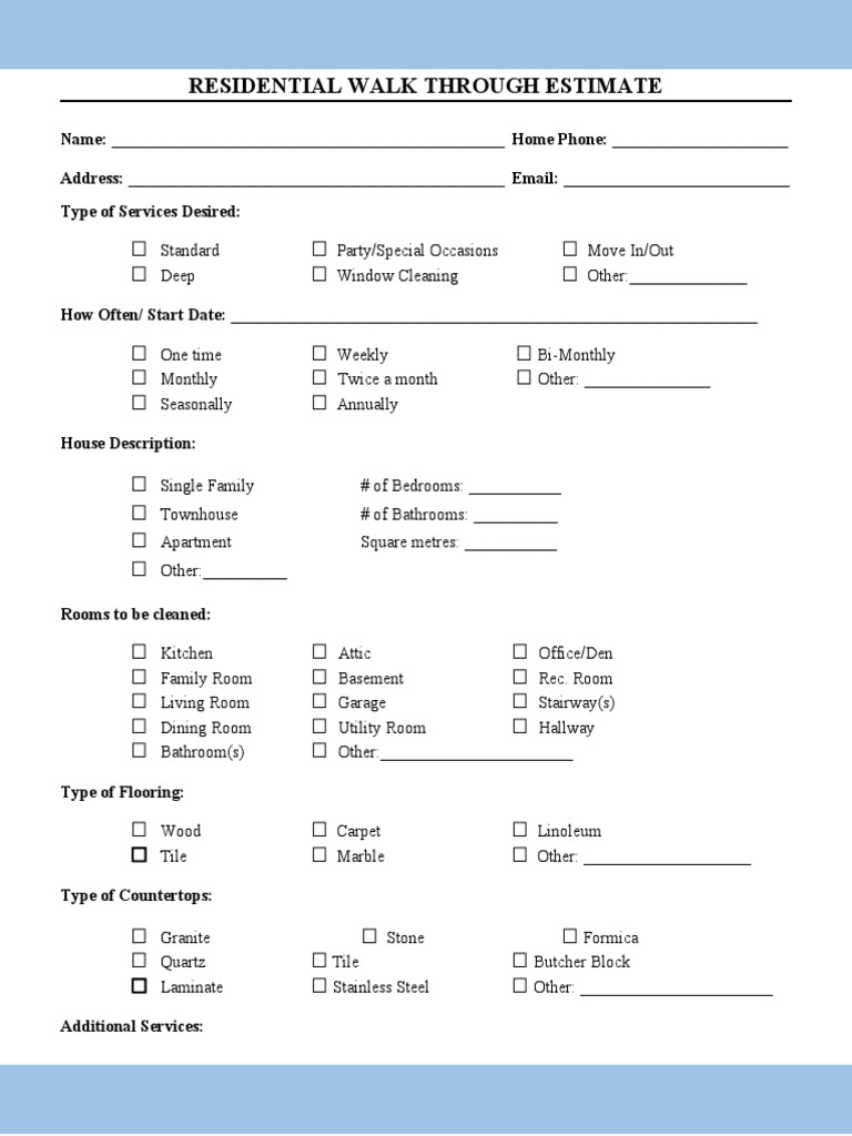 House Cleaning Estimate Sheet US PDF Flooring Home