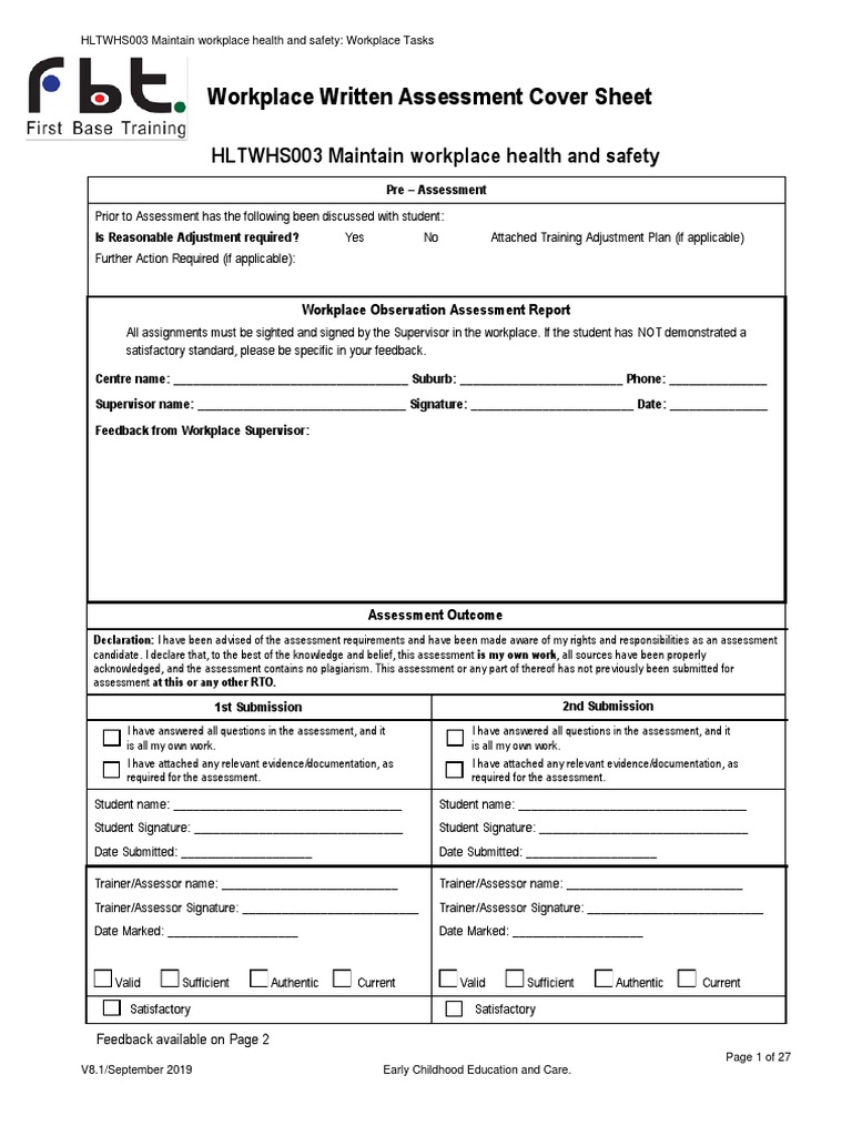 Workplace Written Assessment Cover Sheet HLTWHS003 Maintain Workplace