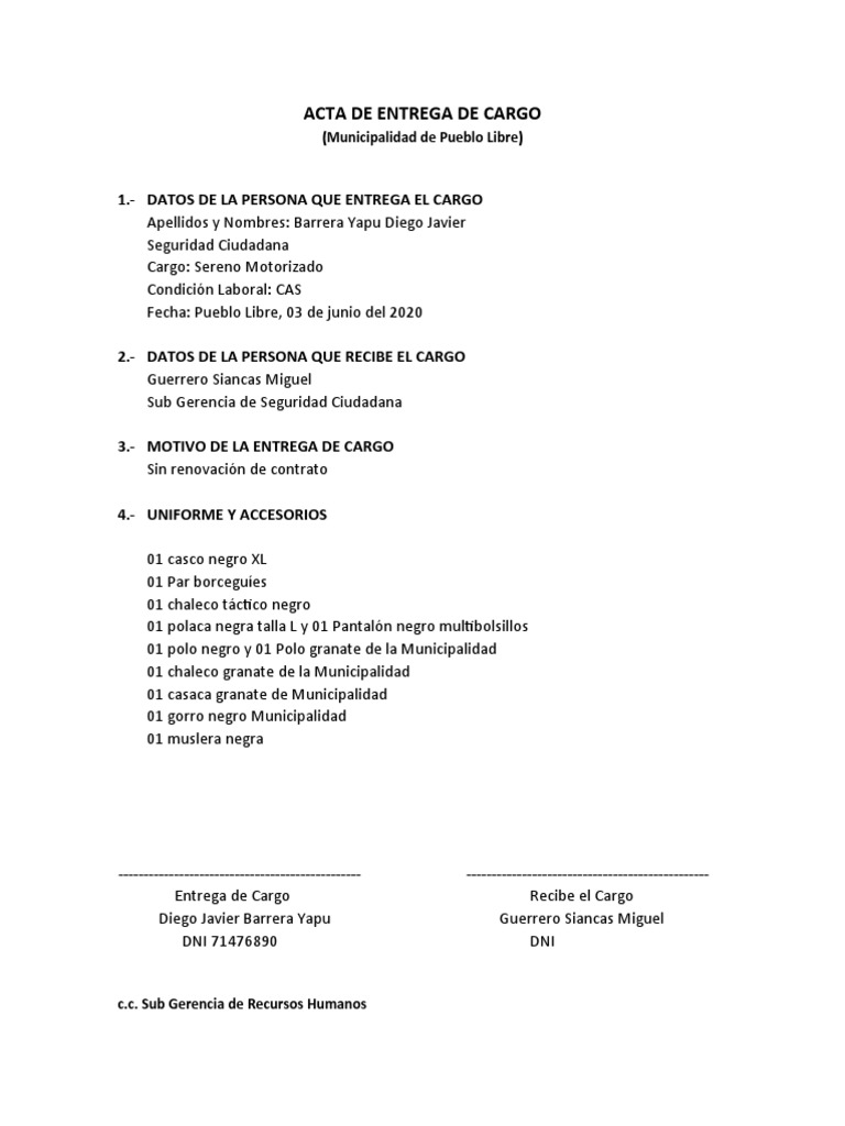 Acta de Entrega de Cargo Municipal | PDF | Finanzas y dinero | Ciencias ...