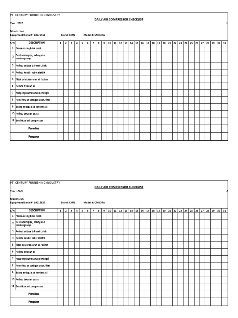 Checklist Harian Kompresor Udara 2020 | PDF | Bisnis | Teknologi & Rekayasa