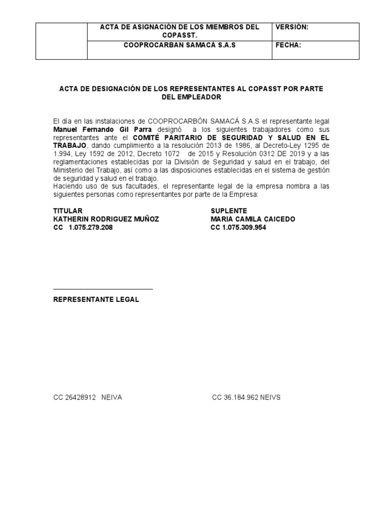 Acta de Designación COPASST 2023 | PDF