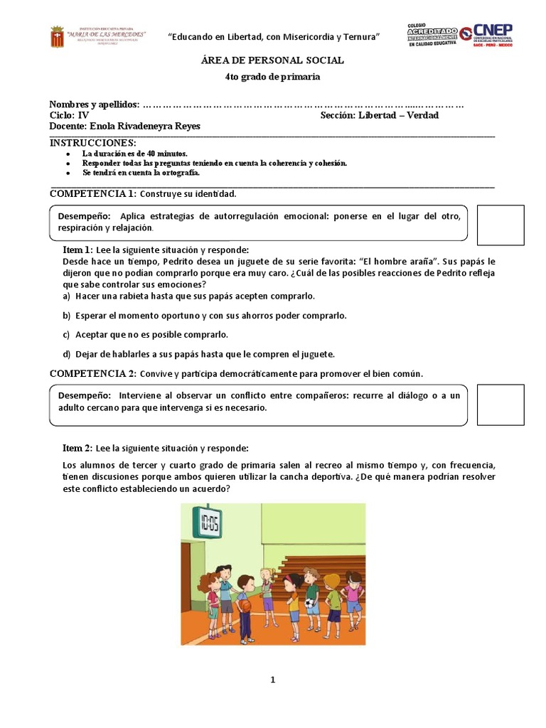 Evaluacion Diagnóstica de Personal Social - 4to Grado 2022 | PDF ...