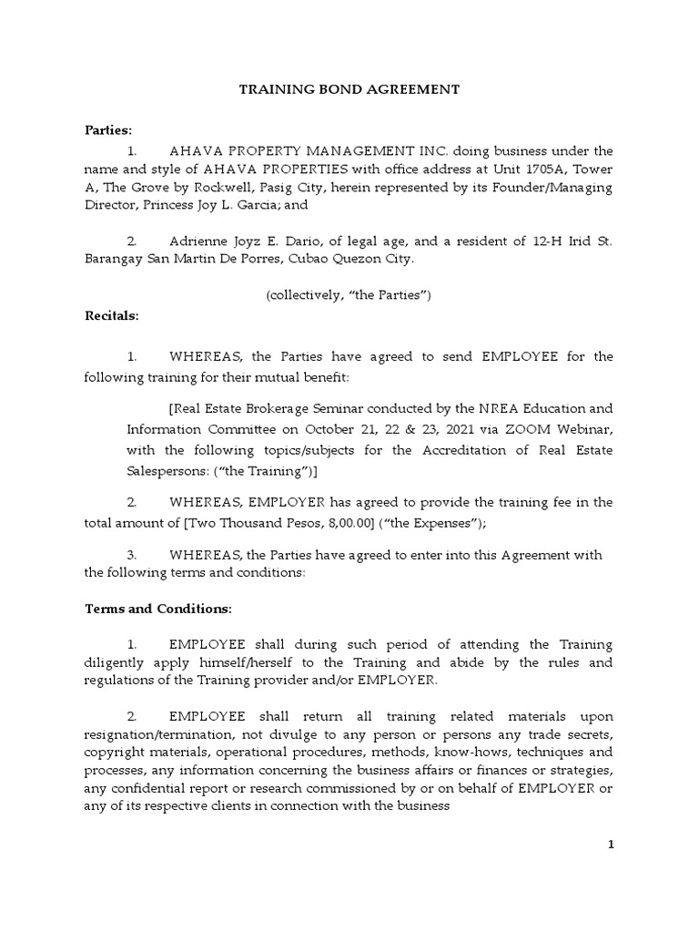 Training Bond Agreement AMS PDF Employment Liquidated Damages