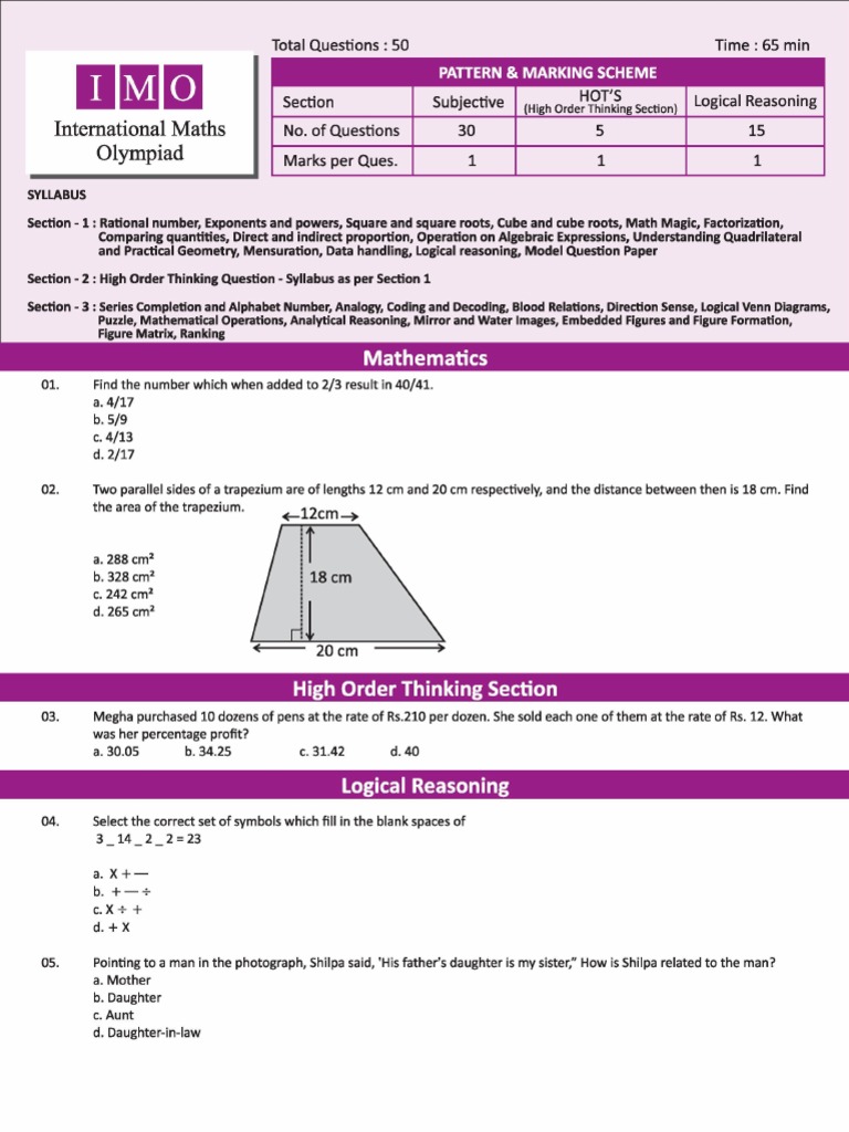 IMO Class 8 Sample Paper | PDF