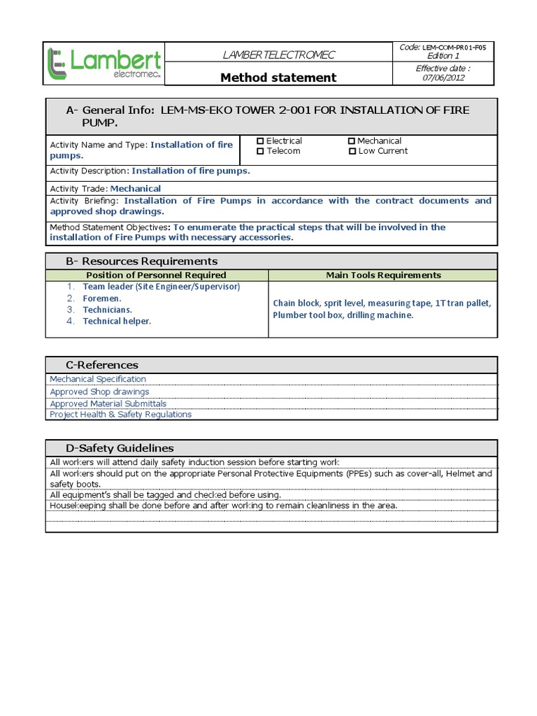Fire Pump Installation Method Statement | PDF | Pump