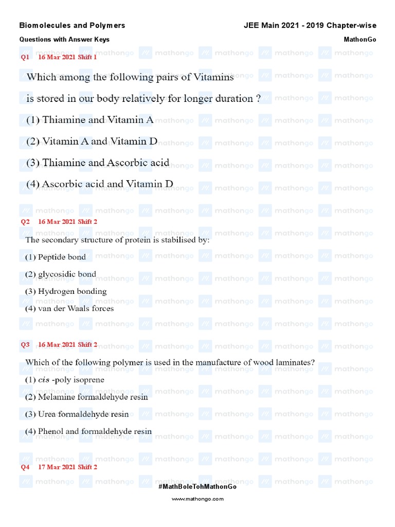 Biomolecules and Polymers JEE Main 2021 2019 ChapterWise PDF