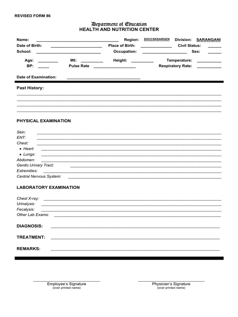 Revised Form 86 Health Examination | PDF | Physical Examination ...