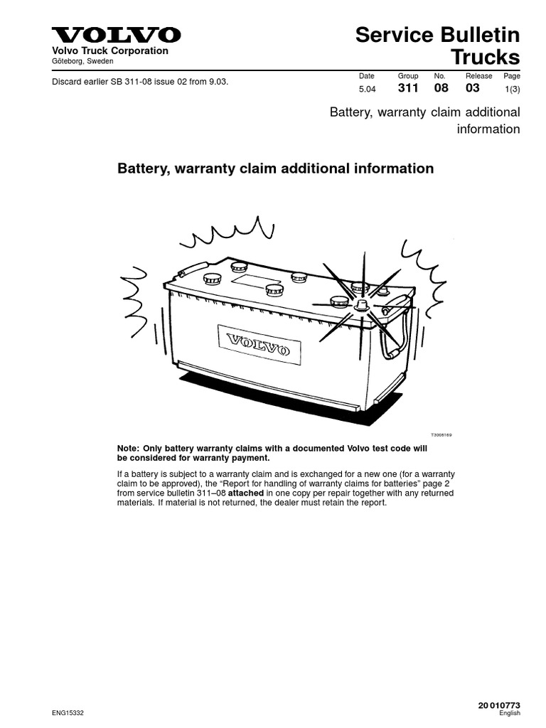 Service Bulletin Trucks Battery, Warranty Claim Additional Information