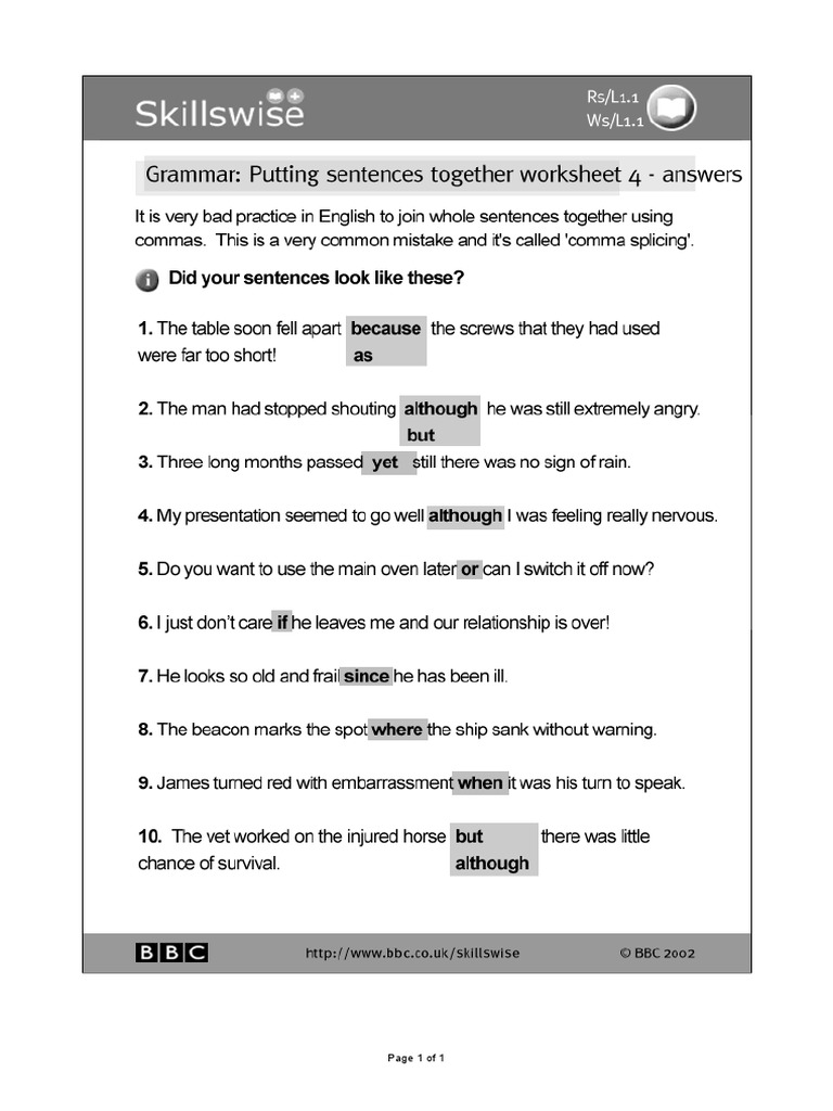 BBC Skillswise Putting Sentences Together Worksheet 4 Answers Beware Of The Comma PDF