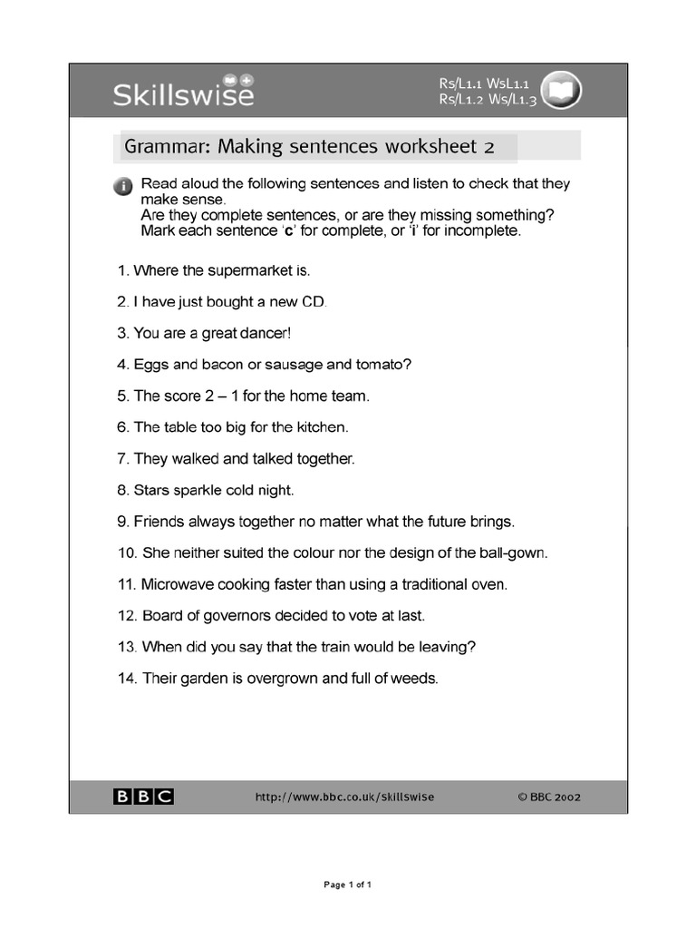 BBC Skillswise - Sentences - Worksheet 2 - Are These Complete Sentences ...