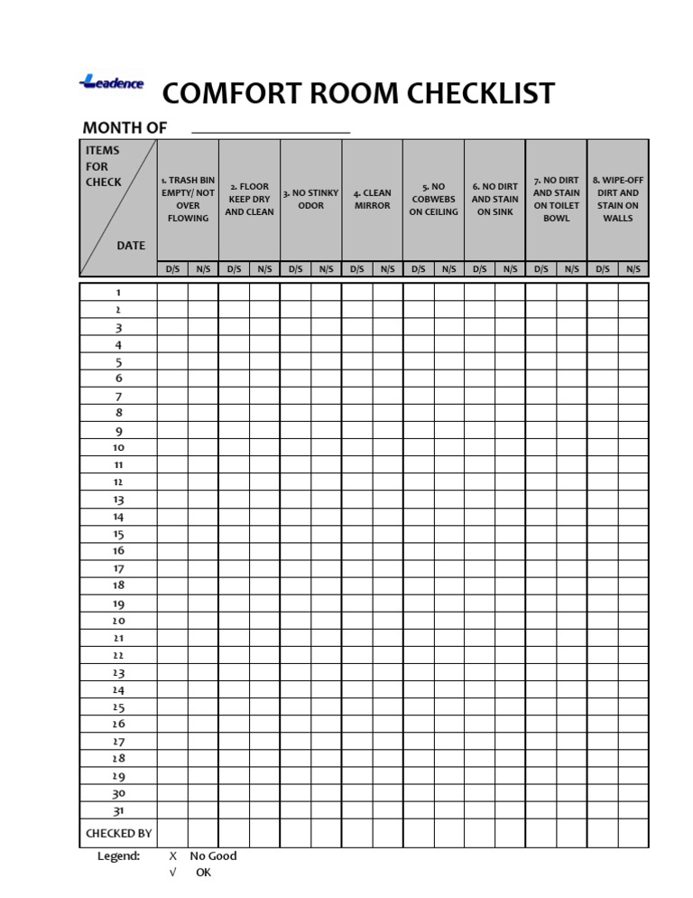 Comfort Room Cleaning Checklist | PDF | Domestic Implements | Excretion
