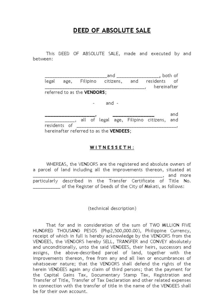 Deed of Absolute Sale Template | PDF | Business