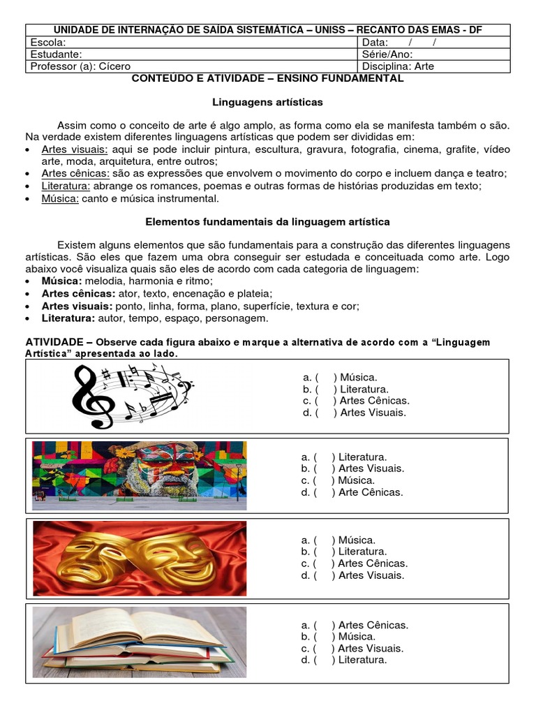 Impressa Arte Conteúdo Atividade 02 EF | PDF | As artes