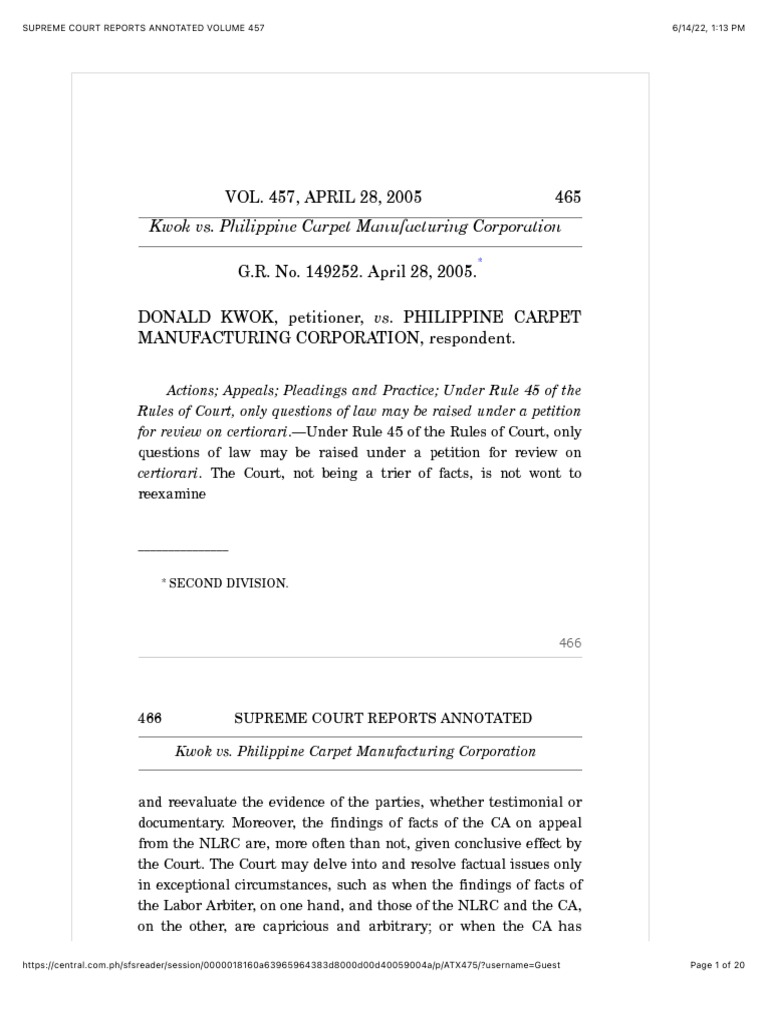 Kwok vs. Philippine Carpet Manufacturing Corporation PDF Certiorari