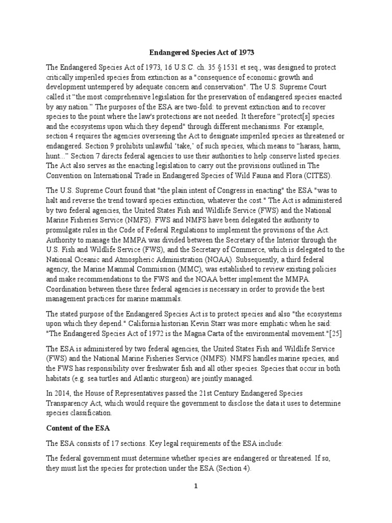 Endangered Species Act of 1973 | PDF | Endangered Species Act Of 1973