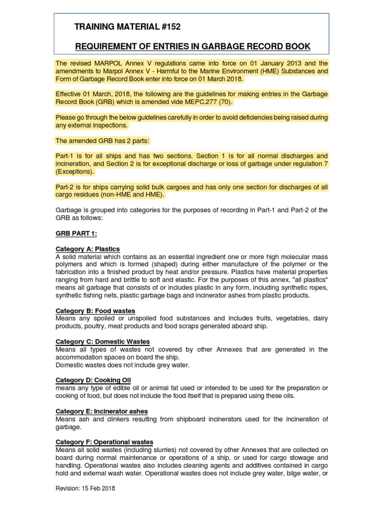 TM 152 Requirement For Entries in GRB | PDF | Incineration | Plastic