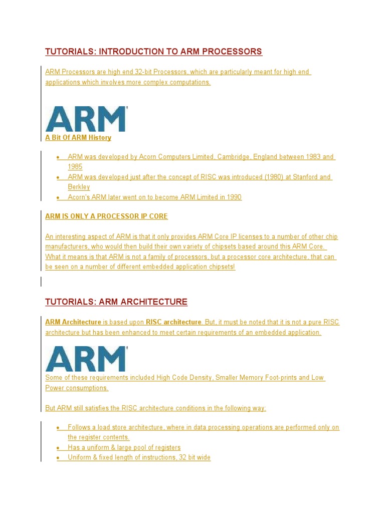 Tutorials Introduction To Arm Processors A Bit of ARM History PDF
