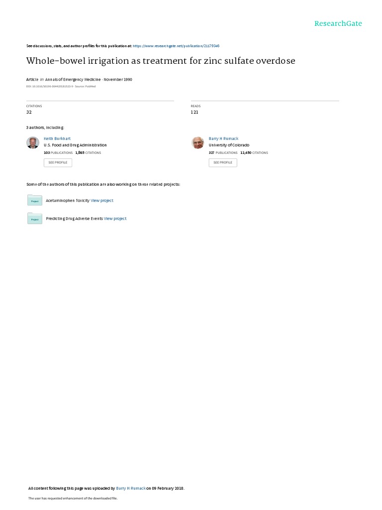 WholeBowel Irrigation As Treatment For Zinc Sulfate Overdose PDF