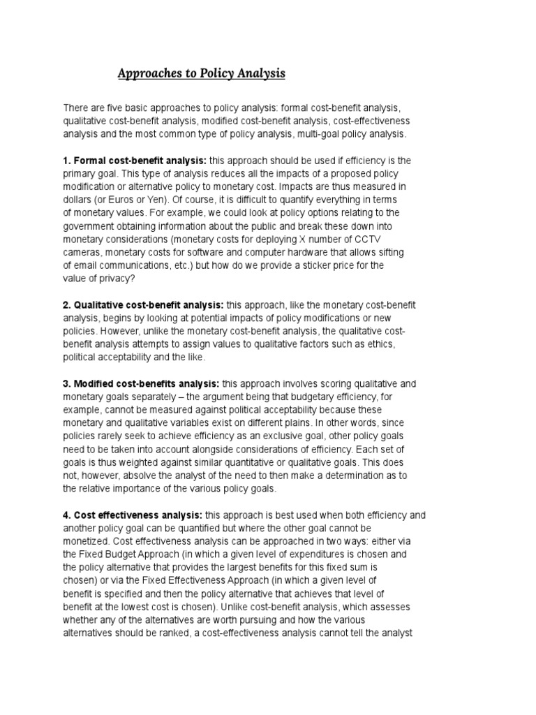 Approaches To Policy Analysis | PDF | Cost–Benefit Analysis | Policy ...
