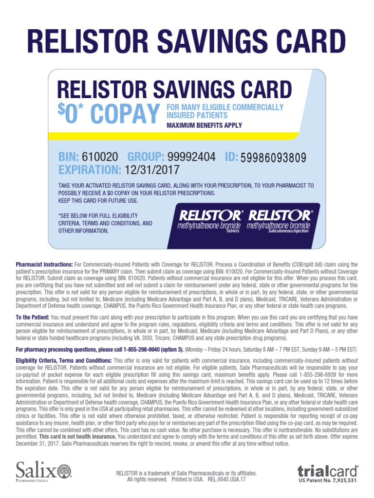 Relistor Savings Card 0 Copay PDF Medicare (United States) Medicaid