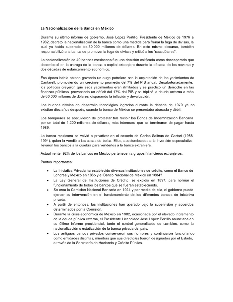 La Nacionalización de La Banca en México | PDF | Bancos | México