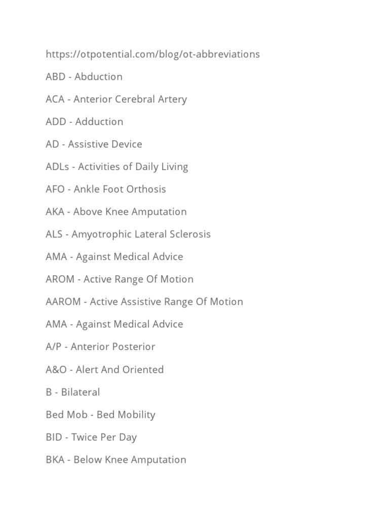 OT Abbreviation Guide | PDF | Physical Therapy | Human Anatomy
