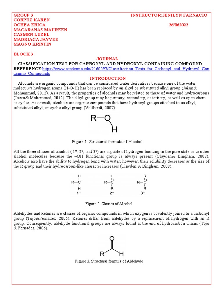 Classification Tests for Carbonyl and Hydroxyl Containing Compounds A