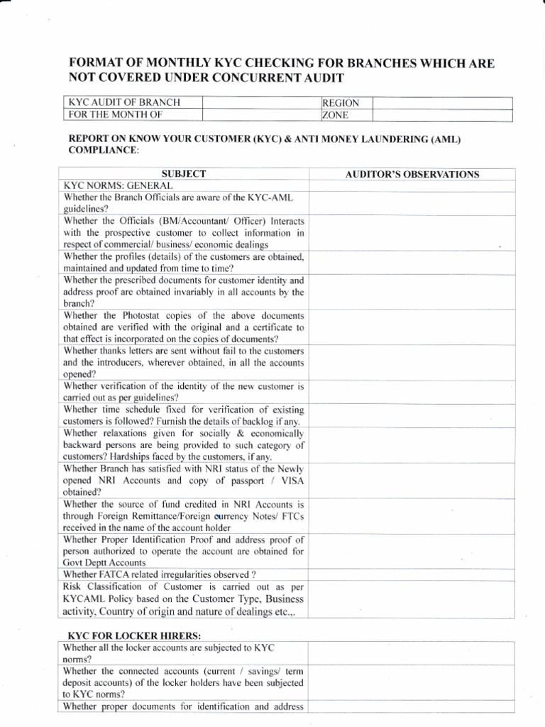 Format Monthly Kyc Which Are Not Covered Under Audit: Checktng For ...