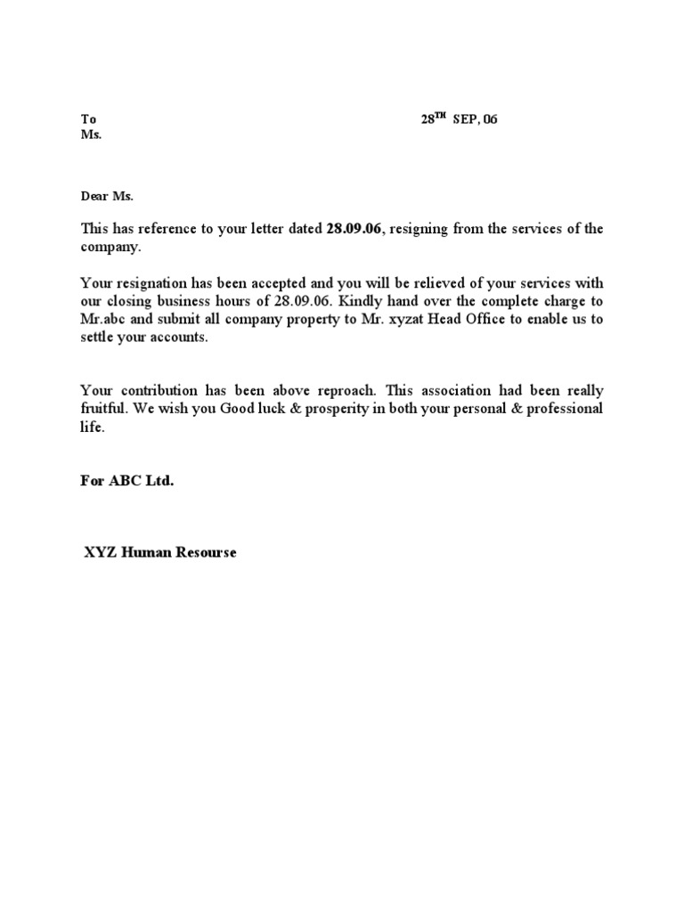 Resignation Cum Relieving Letter Pdf
