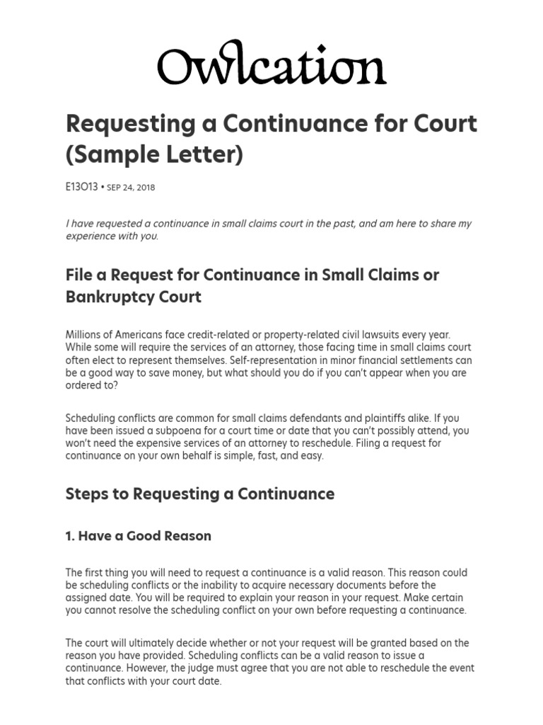 Requesting A Continuance For Court (Sample Letter) Owlcation PDF Requesting A Continuance For Court (Sample Letter) Owlcation PDF