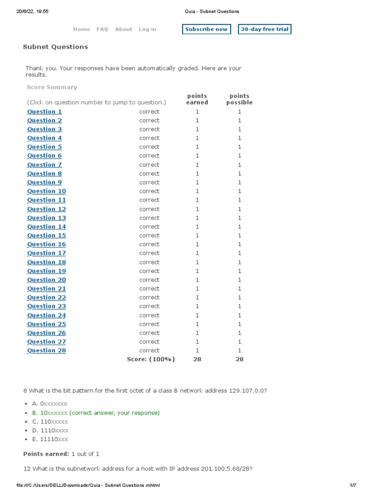 Results of an Online Quiz on Subnetting Questions | PDF | Ip Address ...