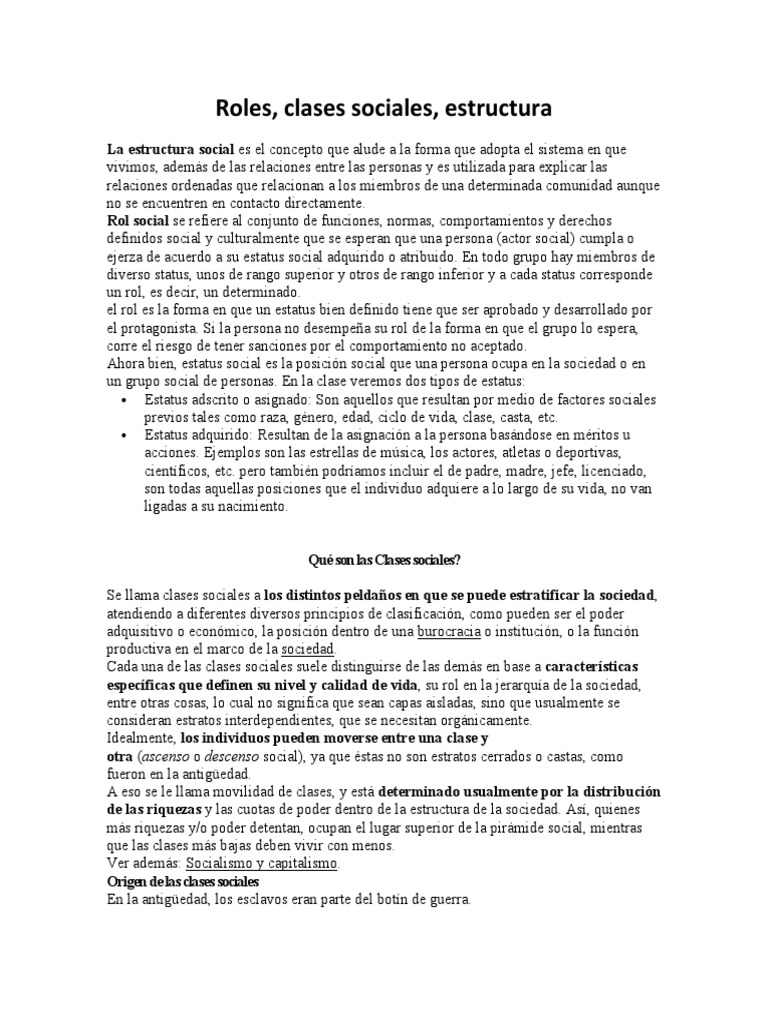 Material de Lectura - Roles, Clases Sociales, Estructuras | PDF ...