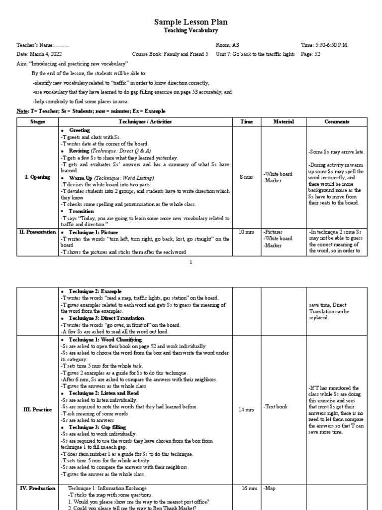 Sample Lesson Plan Teaching Vocabulary PDF Vocabulary Lesson Plan
