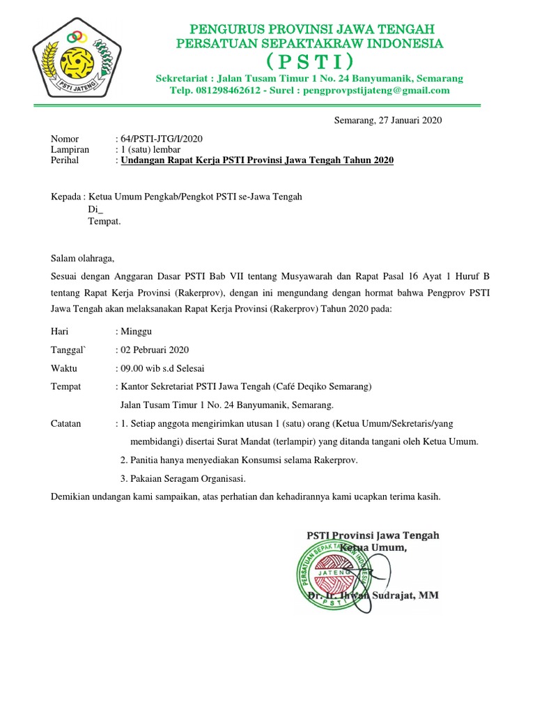 Undangan Rakerprov PSTI Jateng 2020 | PDF