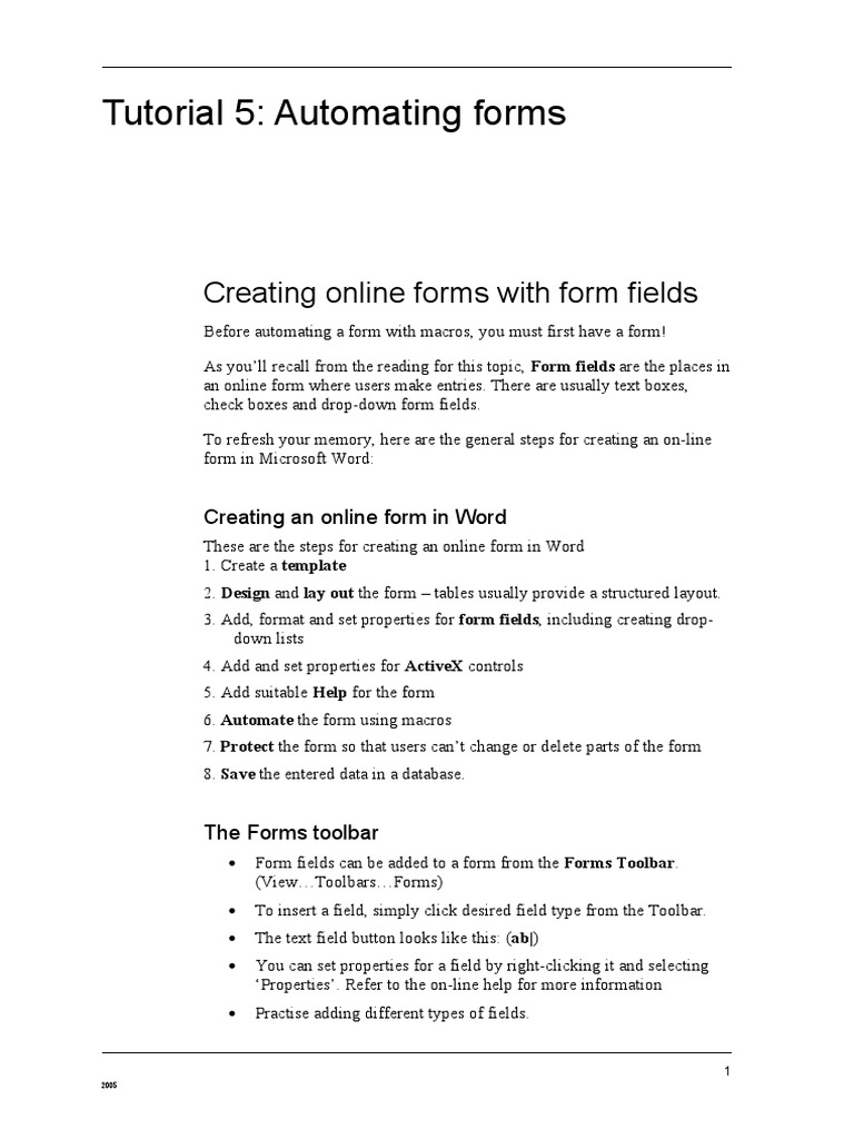 Tutorial 5 Automating Forms Creating Online Forms With Form Fields