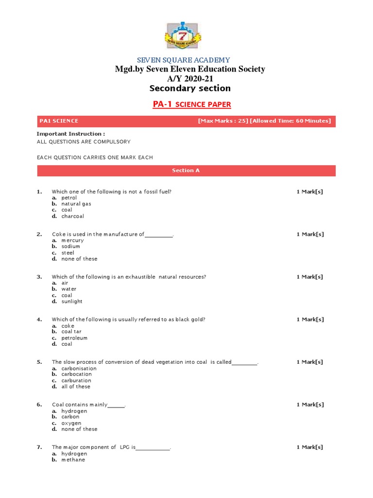 8th STD Science Paper PA1 | PDF | Coal | Cell (Biology)