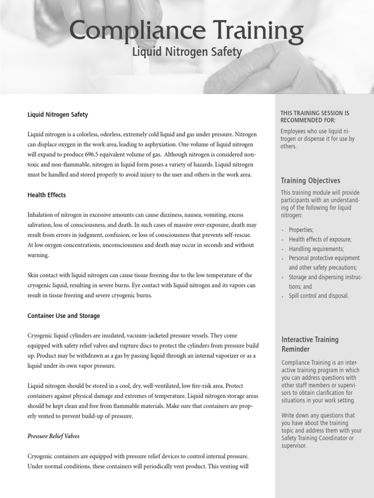 Compliance Training Liquid Nitrogen Safety PDF Cryogenics Nitrogen