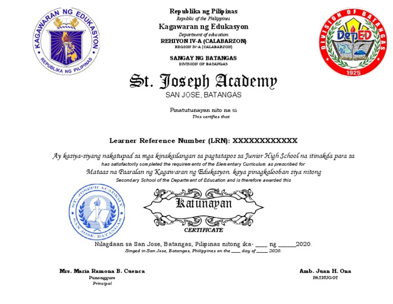 JHS Certificate of Completion PDF