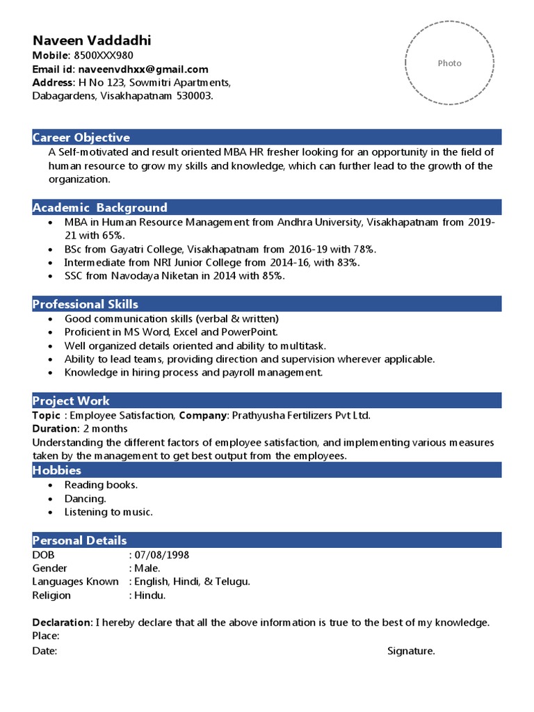 MBA HR Fresher Resume Overview | PDF | Career & Growth