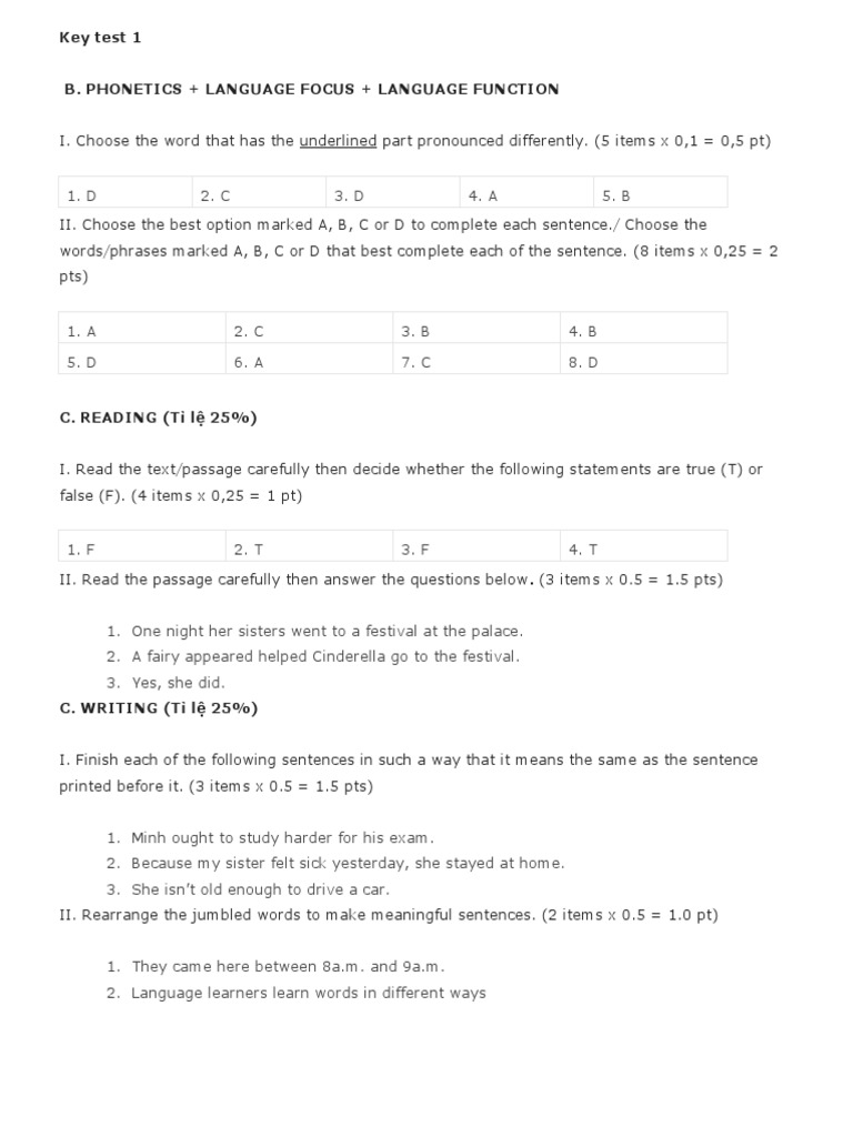 Key Test 1 B. Phonetics + Language Focus + Language Function | PDF