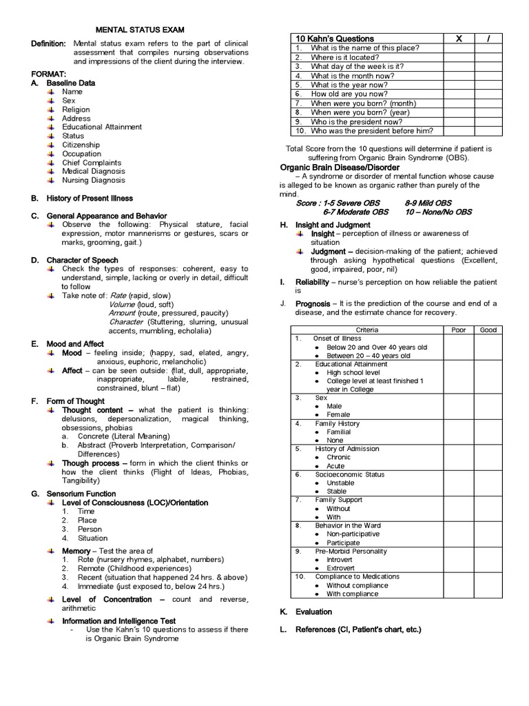 MENTAL STATUS EXAM PDF Mental And Behavioural