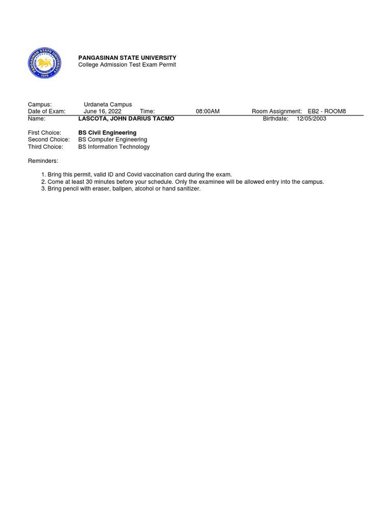 Exam Permit 2022 | PDF