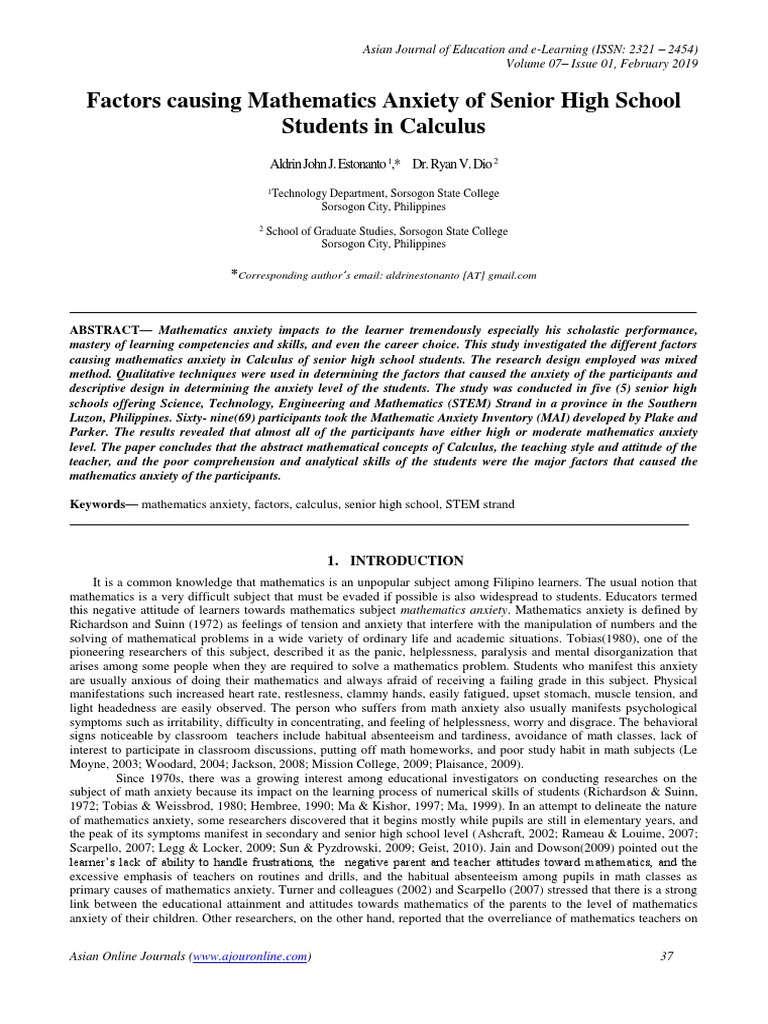 Causes of Calculus Anxiety in High School | PDF | Equations | Teachers