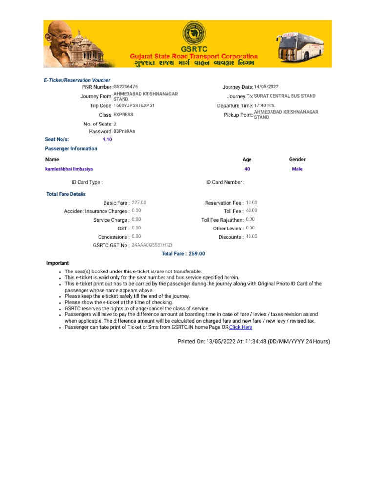 GSRTC Ticket PDF Fare Identity Document