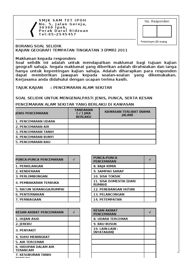 Borang Soal Selidik Geografi Tingkatan 1 Sisa Domestik